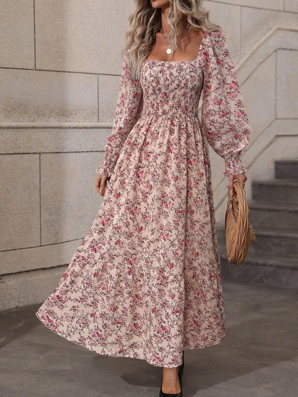 Floral Print Square Neck Smocked Midi Dress